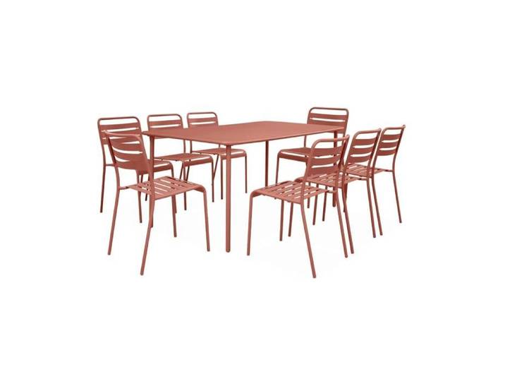 Table de jardin métal + 8 assises terracotta traitement antirouille. lattes et bords arrondis