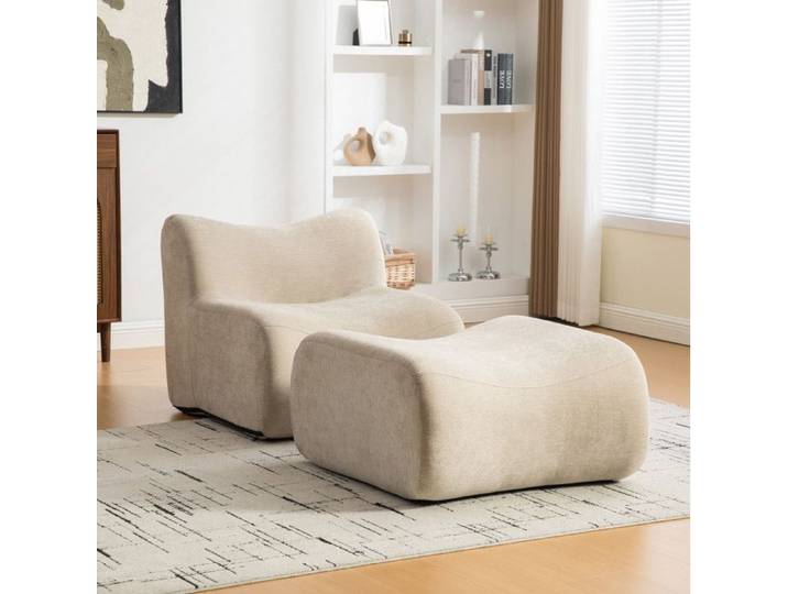 Fauteuil canapé compressé modulable 1 place EVRYAE avec repose-pieds chenille Light Khaki sans montage