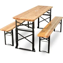 DELUKE Bierzeltgarnitur höhenverstellbar klappbar Holz 170cm RINHO - 3 Teilig | 2x Bierbank 1x Biertisch | Festzeltgarnitur Biertisch Stehtisch Sitzgarnitur