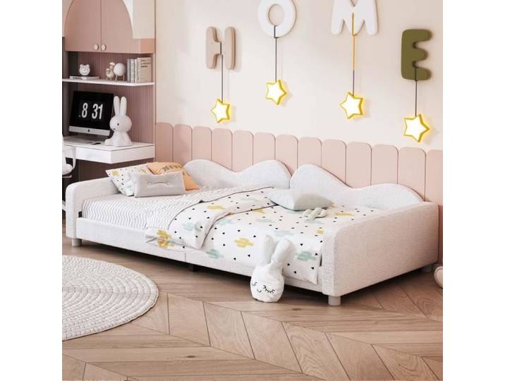 ModernLuxe Lit enfant 90x200 cm lit simple canapé lit sommier à lattes tissu en peluche blanc