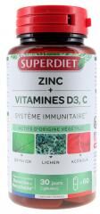 Superdiet Système Immunitaire Zinc et Vitamines D3, C 60 Gélules - Pot 60 gélules de 401 mg