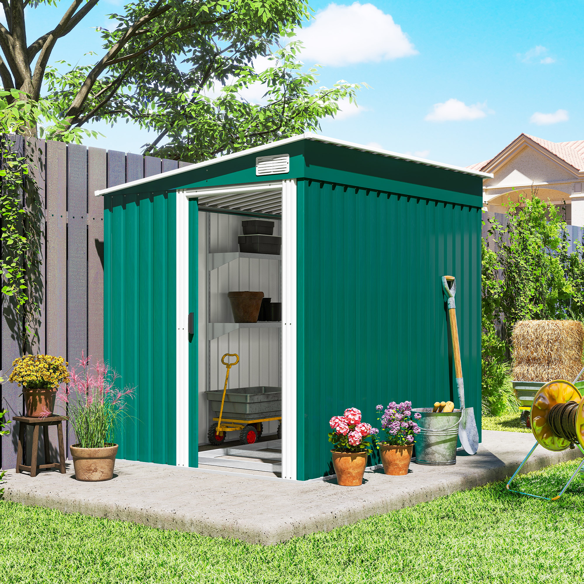 Outsunny Casetta da Giardino con Base, Porta Scorrevole e Tetto Inclinato, Capanno Attrezzi in Metallo, 1.5x2m, Verde   Aosom Ital