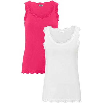 Shirttop BONPRIX, Damen, Gr. 48/50 (XL), pink (dunkelpink, wollweiß), Jersey, Obermaterial: 95% Viskose, 5% Elasthan. Spitze: 90% Polyamid, 10% Elasthan, mehrfarbig, unifarben, slim fit hüftbedeckend, Rundhals, Spitze, Tops Shirttop, schmale...