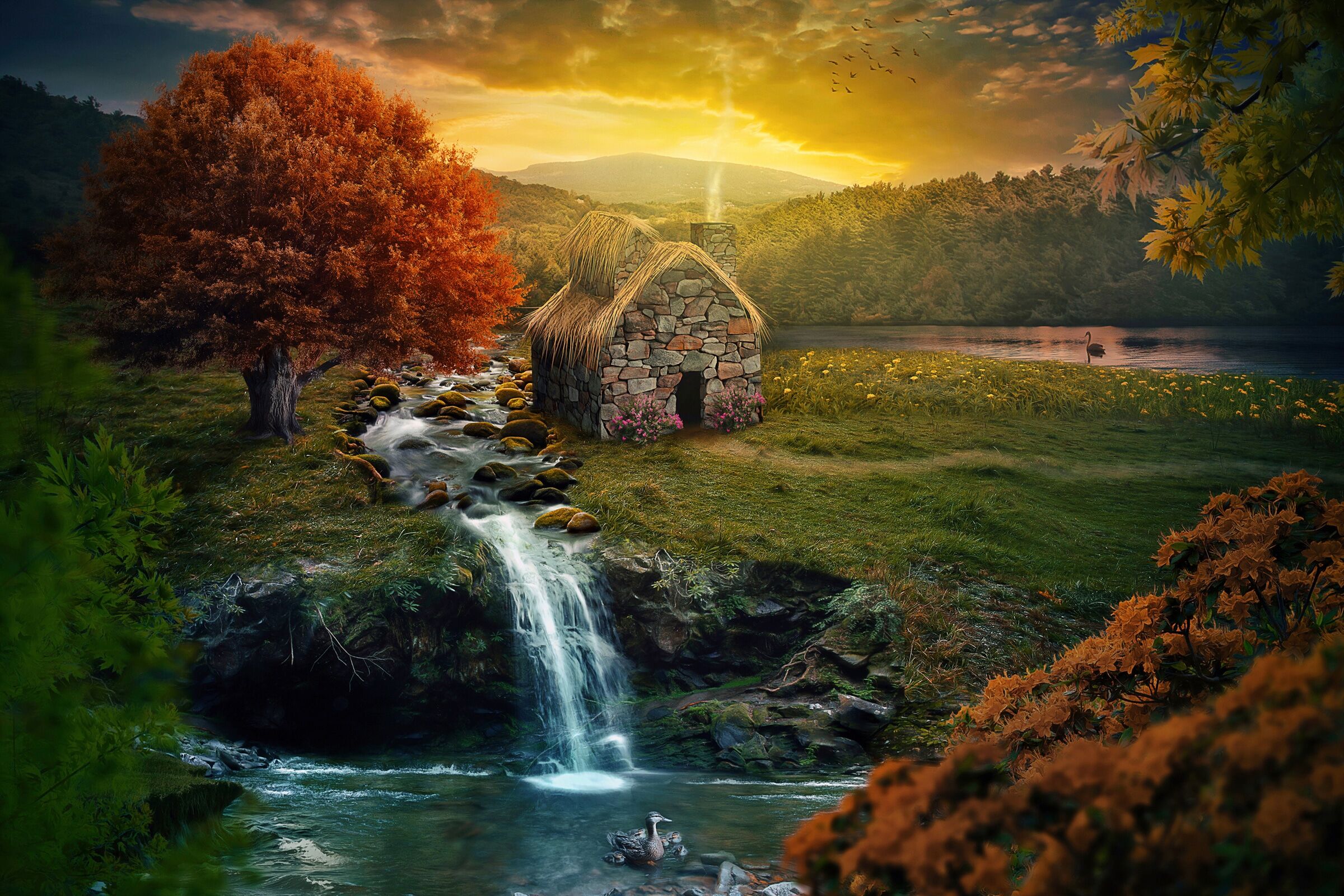Fototapete PAPERMOON "NATUR-IDYLLE-RUHIG BERGE WASSERFALL FLUSS BACH HERBST", bunt, B:4,5m L:2,8m, Vlies, Tapeten, Fototapete bunt B/L: 4,5m x 2,8m, Bahnen: 9 Stk.