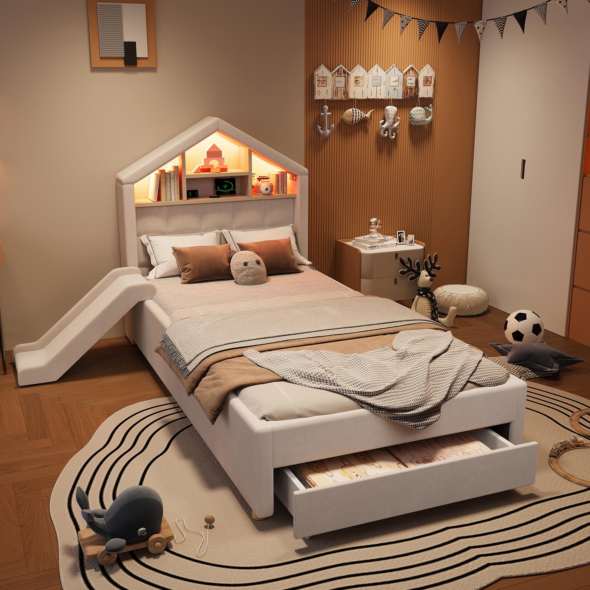 Kinderbett in Beige, gepolstertes Hausbett mit Rutsche links/rechts montierbar, LED-Beleuchtung, Ladeanschluss, 90x200 cm, Beige
