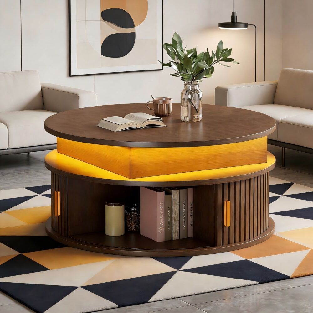 Hauss Spole Table basse ronde relevable couleur noyer avec led Marron 75x52x75cm