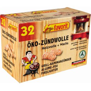 Favorit Grillanzünder 1228, Öko-Zündwolle, brennstark, Holzwolle & Wachs, 10 Min. Brenndauer, Karton, 32 Stück