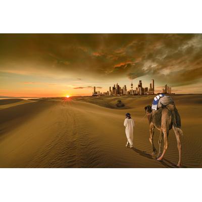 Fototapete PAPERMOON "KUWAIT-STADT-WÜSTE KAMEL DÜNEN SKYLINE STRAND MEER GOLF", bunt, B:4,5m L:2,8m, Vlies, Tapeten