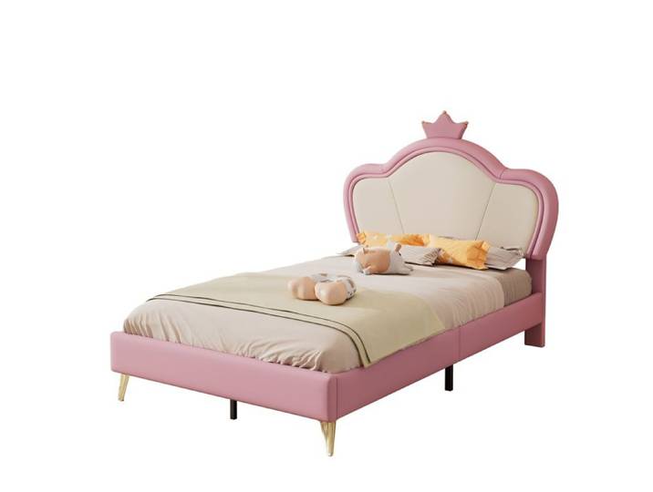 Polsterbett für Kinder 90x200cm in Rosa Weiß mit gepolstertem Kopfteilprofil weichen Schutzkanten und Metallfüßen