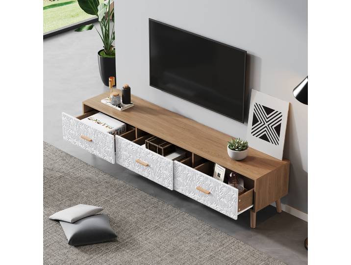 Meuble TV bas vintage Ye TV, meuble TV et table TV en bois pour salon et chambre, bois clair, grain vintage, garniture de porte blanche, 150*35*39cm