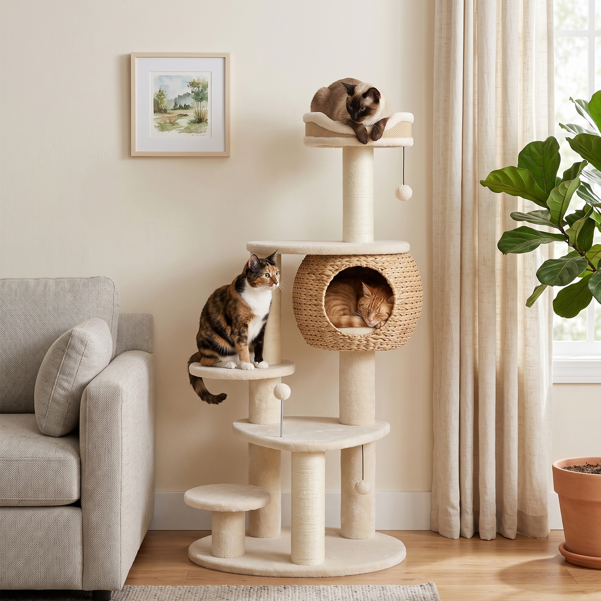 Pawhut Albero tiragraffi 132 cm per 2 gatti con cuccia, pali, lettino, 3 palline, antiribaltamento   Aosom Italy