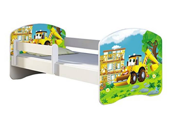 ACMA Kinderbett 180x80 Jugendbett mit Matratze, Rausfallschutz, Lattenrost Weiß, stabil, Kinderzimmer Bett, Jugendmöbel Design 20 Bagger