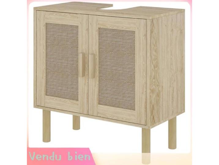 LIA Meuble salle de bain sous lavabo meuble sous lavabo portes en rotin pieds bois de pin 2 niveaux 60 x 30 x 60 cm chêne