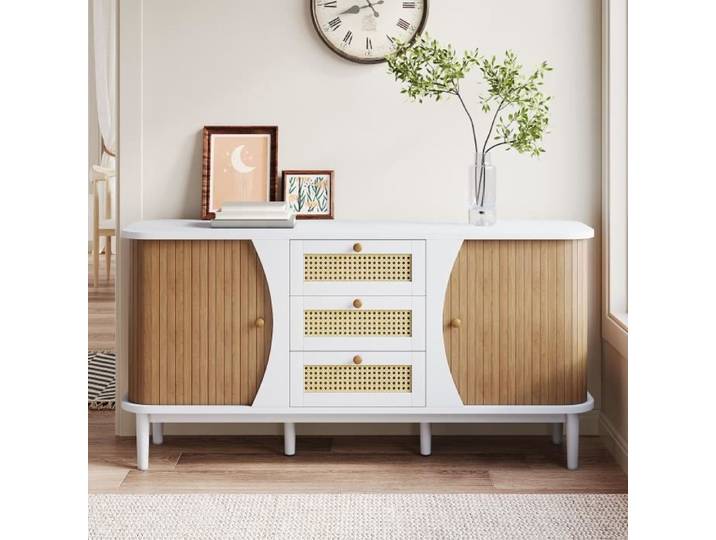 Buffet bas - DREAMMESPACE - 140 5x40x76cm - 2 portes - 3 tiroirs en rotin - Blanc et bois