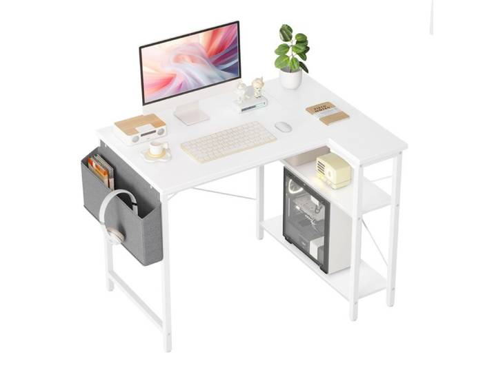 BEXEVUE Bureau Gaming 100x70cm Forme L Étagères Rangements Blanc