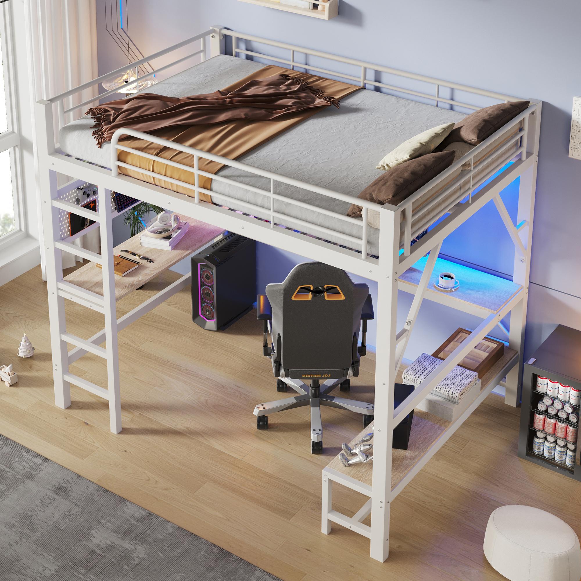 Flieks Etagenbett 160x200cm mit Leiter und Lochbrett, Hochbett mit Schreibtisch und Geländer, Jugendbett mit LED-Lichte und Steckdose, Weiß, Metall