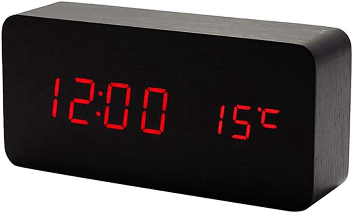 Houten Digitale Klok SnelShoppen - Multifunctionele LED Alarm Klok met Tijd, Datum, Temperatuur en Stemcontrole - AC1