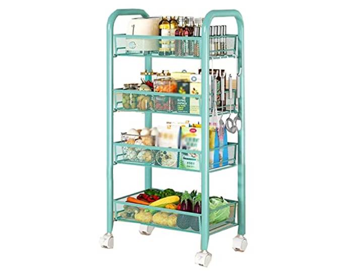 Rollwagen, Metallwagen feststellbare Räder 4 Haken Küche Bad(/Green 4 Tier)