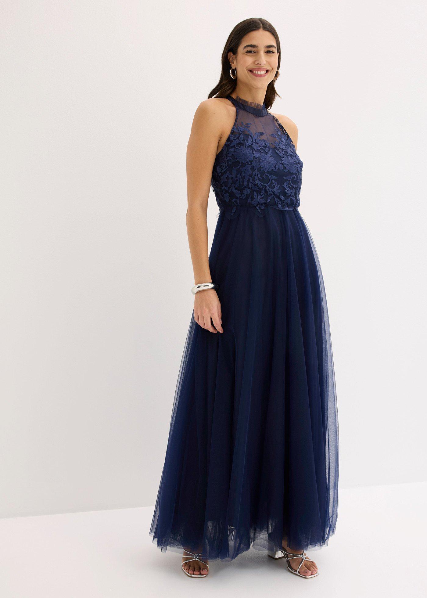 bonprix Abendkleid aus zartem Tüll mit Spitze, blau, Gr.40, Bezauberndes Maxikleid aus zartem Tüll mit weitem Rock und Spitze im Oberteil