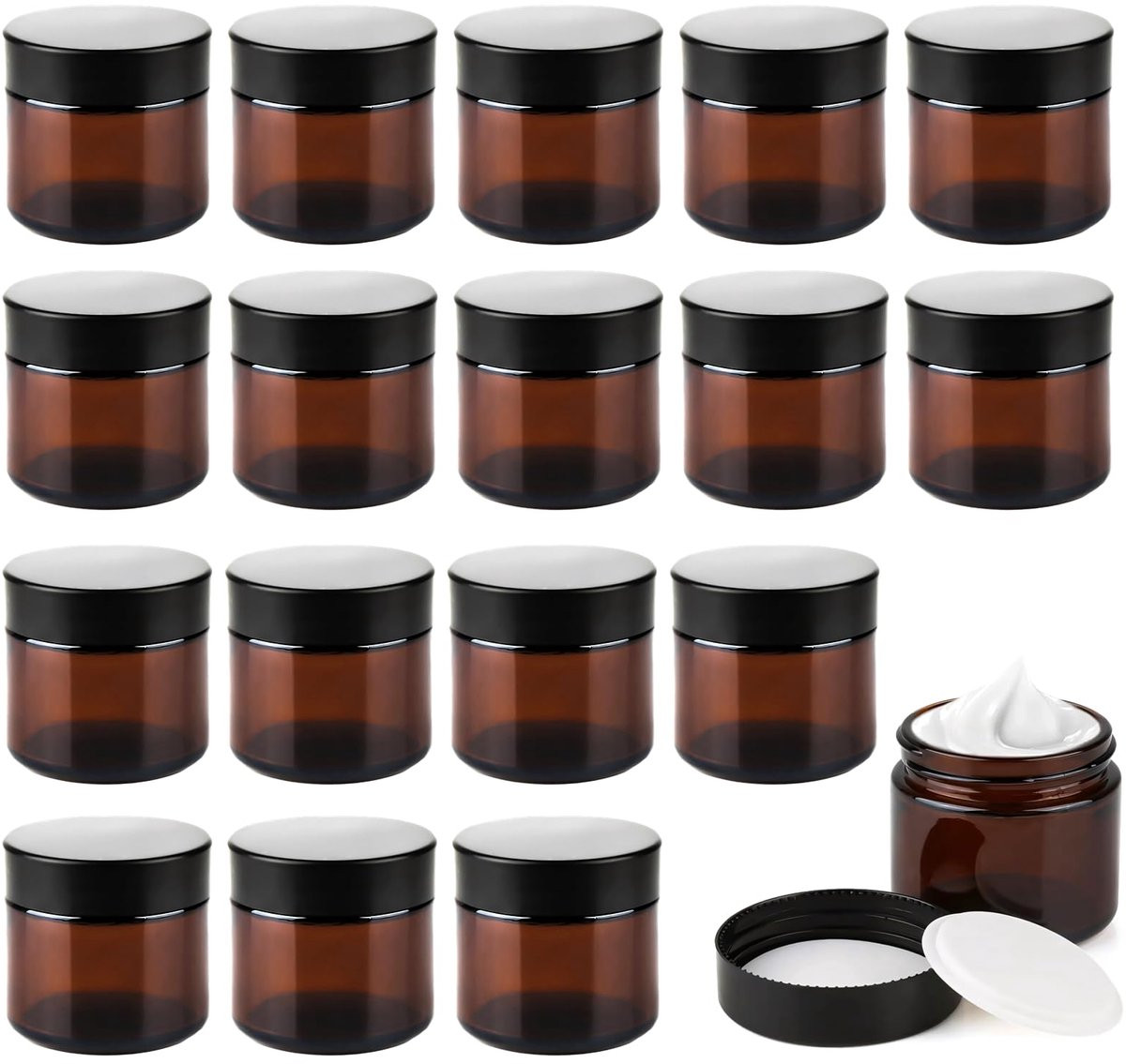 SnelShoppen Set van 16 lege amberkleurige glazen cosmeticapotjes van 60 ml voor crèmes, lotions en etherische oliën