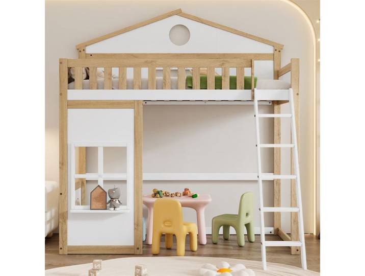 DRIPEX Lit Superposé 90x200cm pour enfants avec échelle Lit maison avec fenêtres pin+MDF blanc+naturel