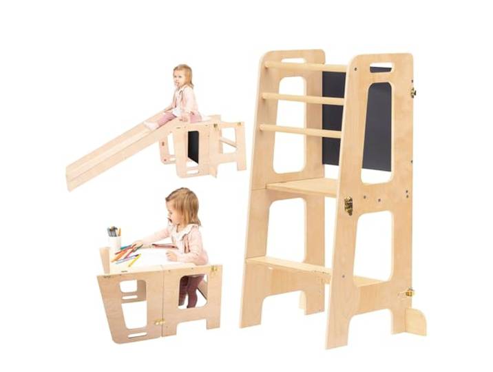 Montessori Lernturm für Kinder Klappbarer Küchenhelfer mit Rutsche & Tafel Stehturm ab 1 Jahr (Naturholz (gewachst), Mit Rutsche)