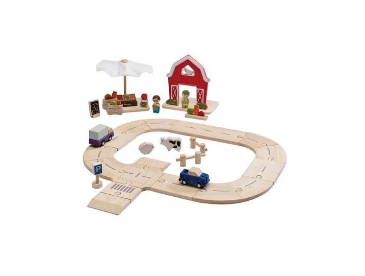 Plantoys Spielzeug-Zug PlanToys- Straßenset Vom Bauernhof zum Markt - ab 3 Jahre, (Komplettset, 55-tlg)