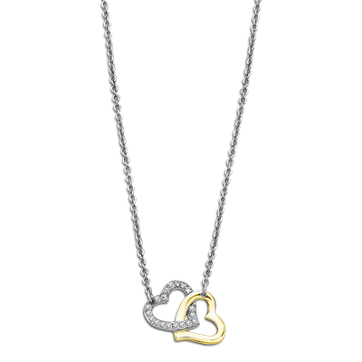 Herzkette LOTUS "Essentials - Herzen", silber (edelstahlfarben, gelbgoldfarben, kristallweiß), Halsketten, Damen, Edelstahl, L: 45, Herzkette, mit Glasstein