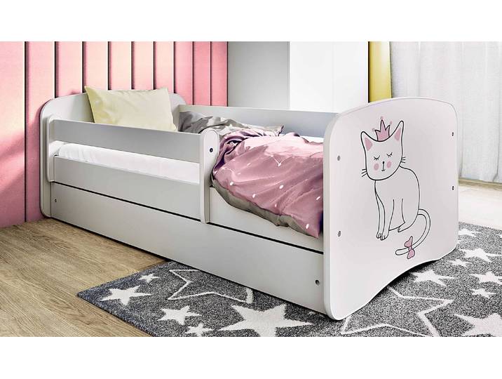 Lit simple Buyo - Chat 80 x 160cm Avec sommier à lattes Blanc/Blanc