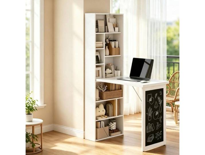 Bureau secrétaire mural pliable avec bibliothèque intégrée et tableau noir pour home office blanc - UVRION