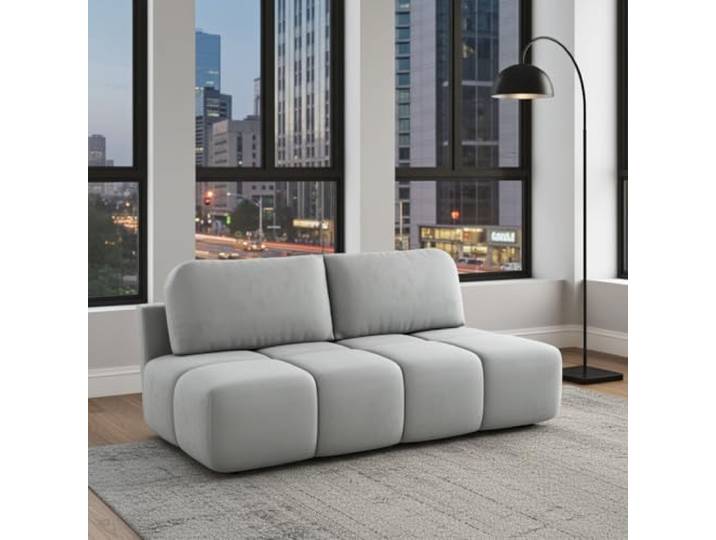 DMSM Schlafsofa Emma, Grau, Samt, 195 cm, mit Bettfunktion und Bettkasten, Modern, Wohnzimmer und Gästezimmer, Rechteckig, Kissen