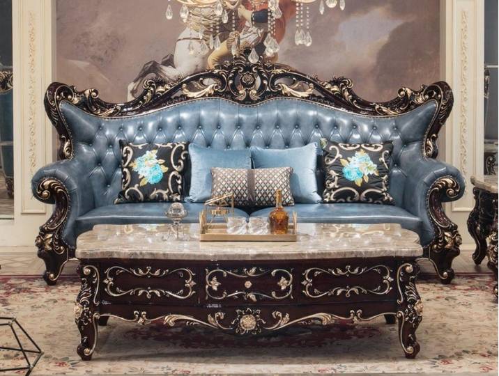 JVmoebel Polstergarnitur JVMoebel 3-Sitzer Sofa Blau Kunstleder Chesterfield-Optik, (1-tlg)