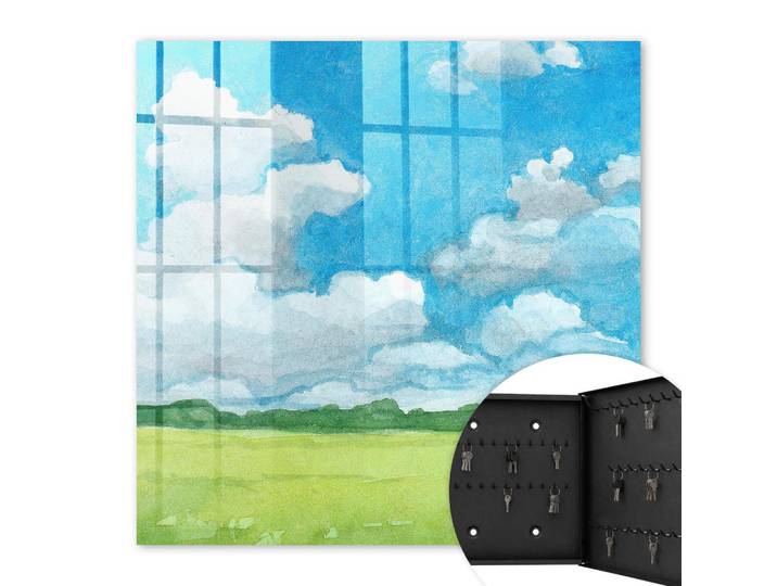Tulup Schlüsselbox Schwarz 30x30 cm- Türöffnung nach rechts - Sommerlandschaft, Blau, Metall, Gepunktet, Rechteckig, 30x30x5 cm, Garderobe, Schlüsselkästen & Schlüsselboards