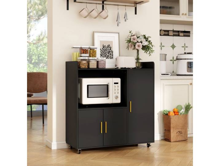 Buffet de cuisine à roulettes - PULUOMIS - Meuble micro onde - 90 x 40 x 96 cm - Noir