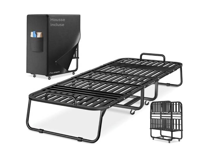 ELONEO lit pliant 90x200 cm structure pliable lit d'appoint compact facile à transporter intérieur