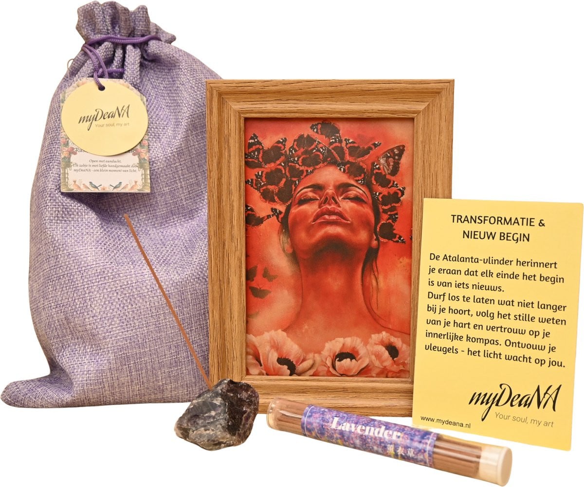 Zakje Nieuw Begin Spiritueel Cadeauset met Mini Artprint Vlinder, Amethist Wierookhouder en Wierook
