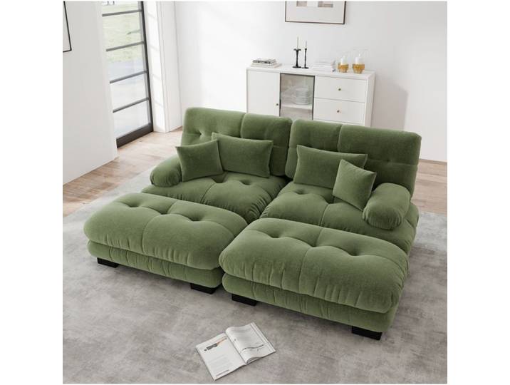 Canape D'Angle En Chenille Verte Canape Modulable Vintage FloraGrace Pour Salon Avec 2 Ottomans Mobiles 220x145x81cm