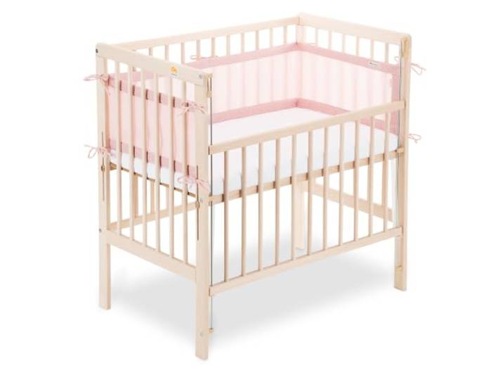 FabiMax Boxspring Baby Beistellbett Flex 90x55, TÜV geprüft, aus Buchenholz Natur, mit innovativem verstellbarem Seitengitter, passend für Boxspringbetten, Matratze Classic, Netz Rosa
