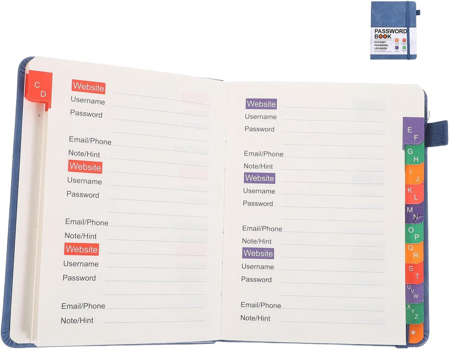 Blauw Adresboek met Alfabetische Tabbladen en Notitieboekje voor Wachtwoorden en Internetlogins