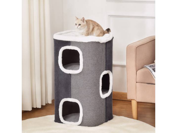 PawHut Tonneau à Gratter pour Chat 3 Niveaux en Peluche et Sisal, 3 Zones, 2 Grands Trous Interconnectés, 40x40x74cm, Gris
