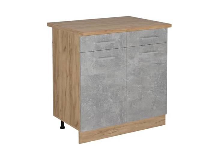 Vicco Küchenunterschrank R-Line, Beton, 80 cm 2 Schubladen · Arbeitsplatte Eiche · Höhenverst. Füße · 2 Türen · Leichter Zugriff