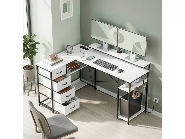 HOMCOM Bureau en L Réversible Blanc 155x112cm 4 Tiroirs USB