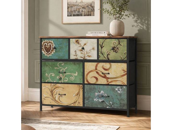 Commode 7 tiroirs en tissu motifs floraux vintage 100 x 30 x 78 cm