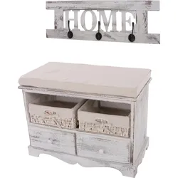 Garderobe mit Sitzbank Kommode mit 2 Körben 42x62x33cm, Shabby-Look, Vintage ~ weiß