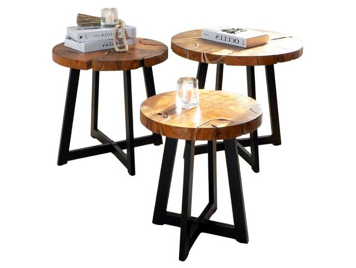 LebensWohnArt Couchtisch Runder Massivholz Couchtisch BAGIAN 80cm Teak natural Metall