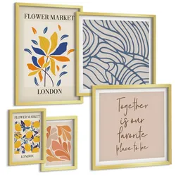 BILDER SET 5er Set - 50x50 cm & 20x30 cm & 40x60 cm Goldrahmen - Moderne abstrakte Blumen