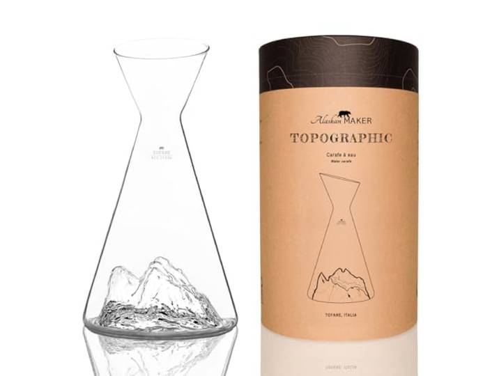 Alaskan MAKER Carafe à eau en verre 1 L TOPOGRAPHIC (Tofane) Montagne en relief topographique 3D - Verre borosilicate soufflé à la bouche - Goulot large et bec verseur