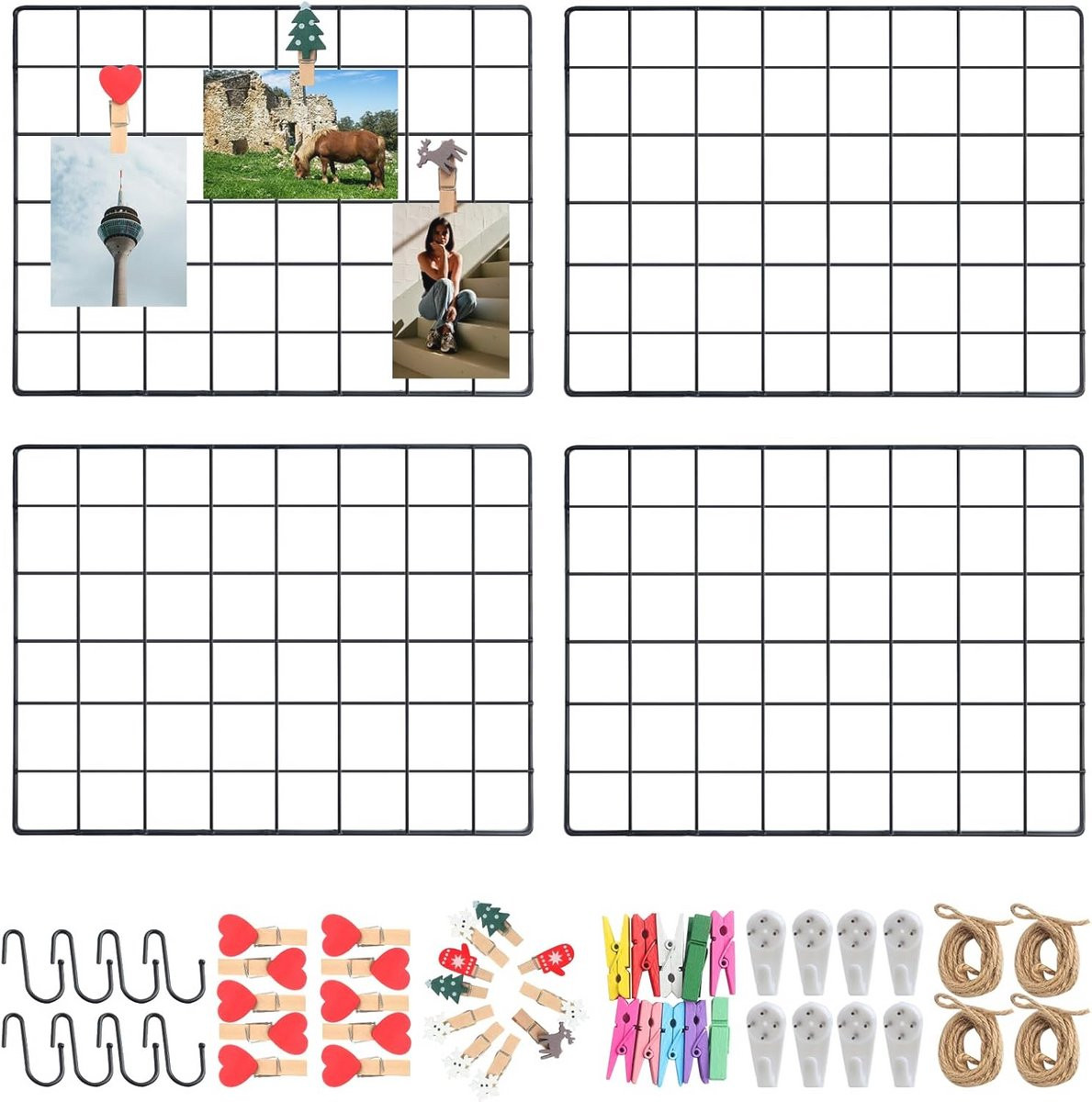 4-delig Wandrooster Rasterprikbord voor Foto's en Decoratie - Zwart
