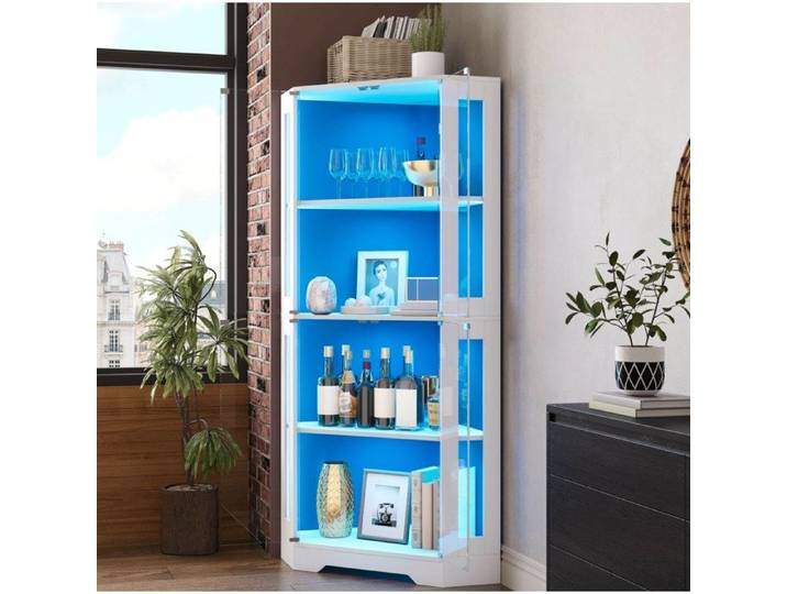 Meuble vitrine haute 40x40x165 cm avec LED RGB portes en verre trempé 2 étagères réglables blanc JOINERY