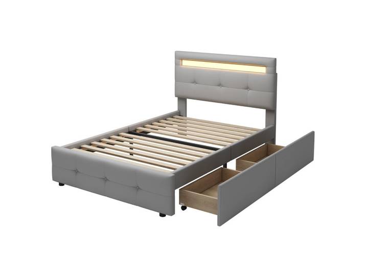 Modfu Polsterbett aus Polsterstoff 90x200 cm in Grau mit LED & 2 Schubladen, 90x200 cm, Schlafzimmer, Betten, Polsterbetten
